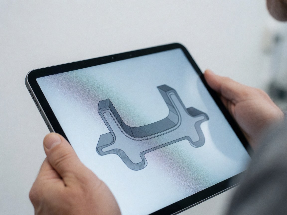 Mains tenant une tablette affichant un modèle 3D technique d'une pièce en métal sur fond blanc flou, éclairage professionnel pour l'industrie manufacturière.
