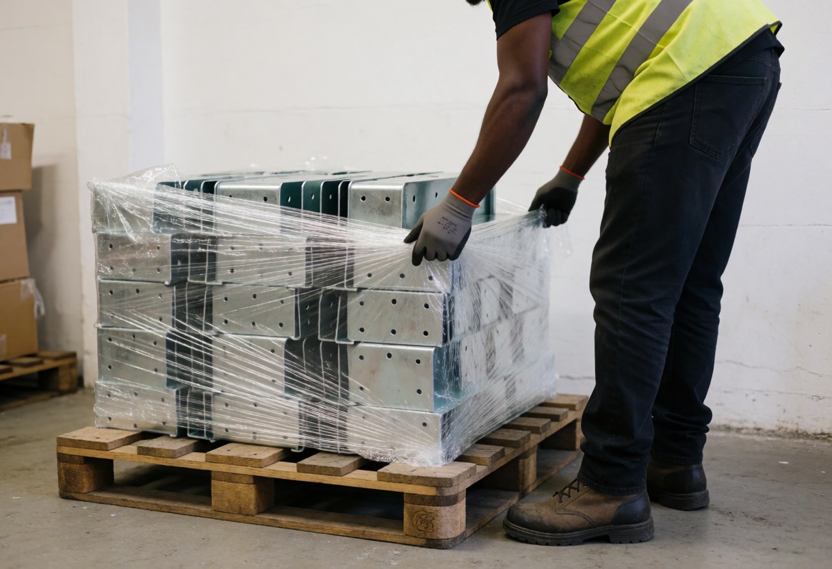Un ouvrier en usine enveloppe une palette chargée de pièces métalliques dans un film transparent, portant gants et gilet de sécurité.