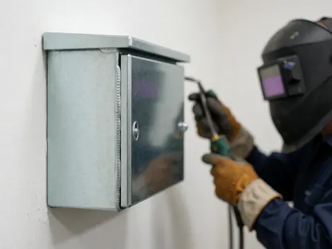 Détail du processus industriel montrant un ouvrier en équipement de sécurité soudant une boîte métallique sur fond blanc.