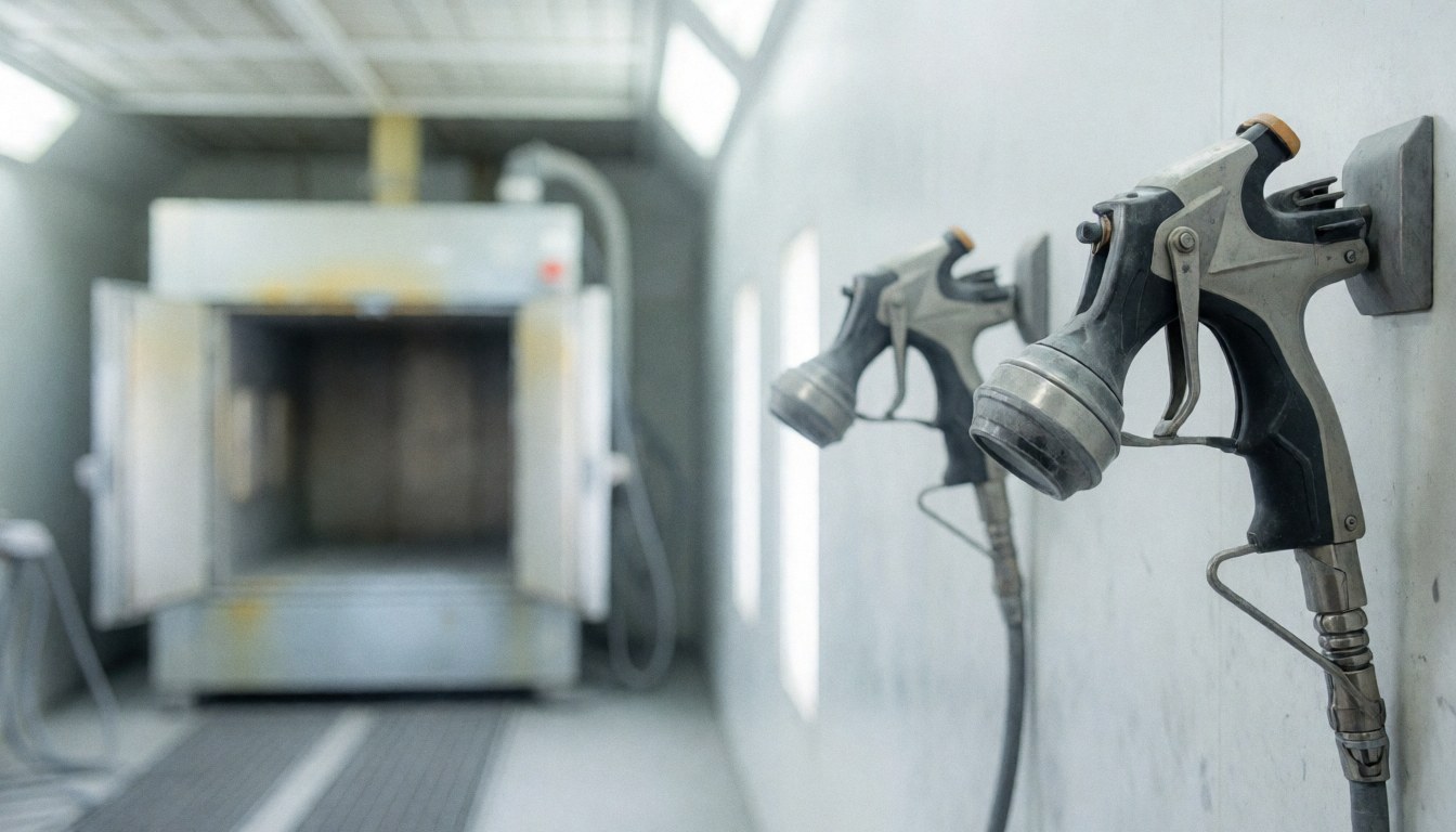 Des pistolets à peinture métalliques sont accrochés à un mur blanc avec un four de cuisson en arrière-plan flou, créant une ambiance industrielle propre et professionnelle.