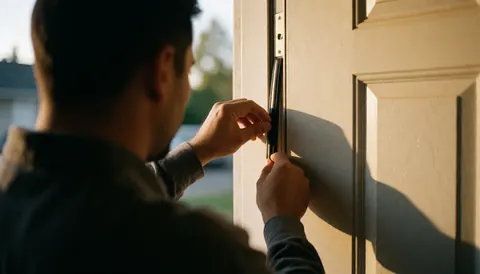 Mains d'un professionnel ajustant le joint d'étanchéité d'une porte extérieure avec une lumière chaleureuse et un fond flou.