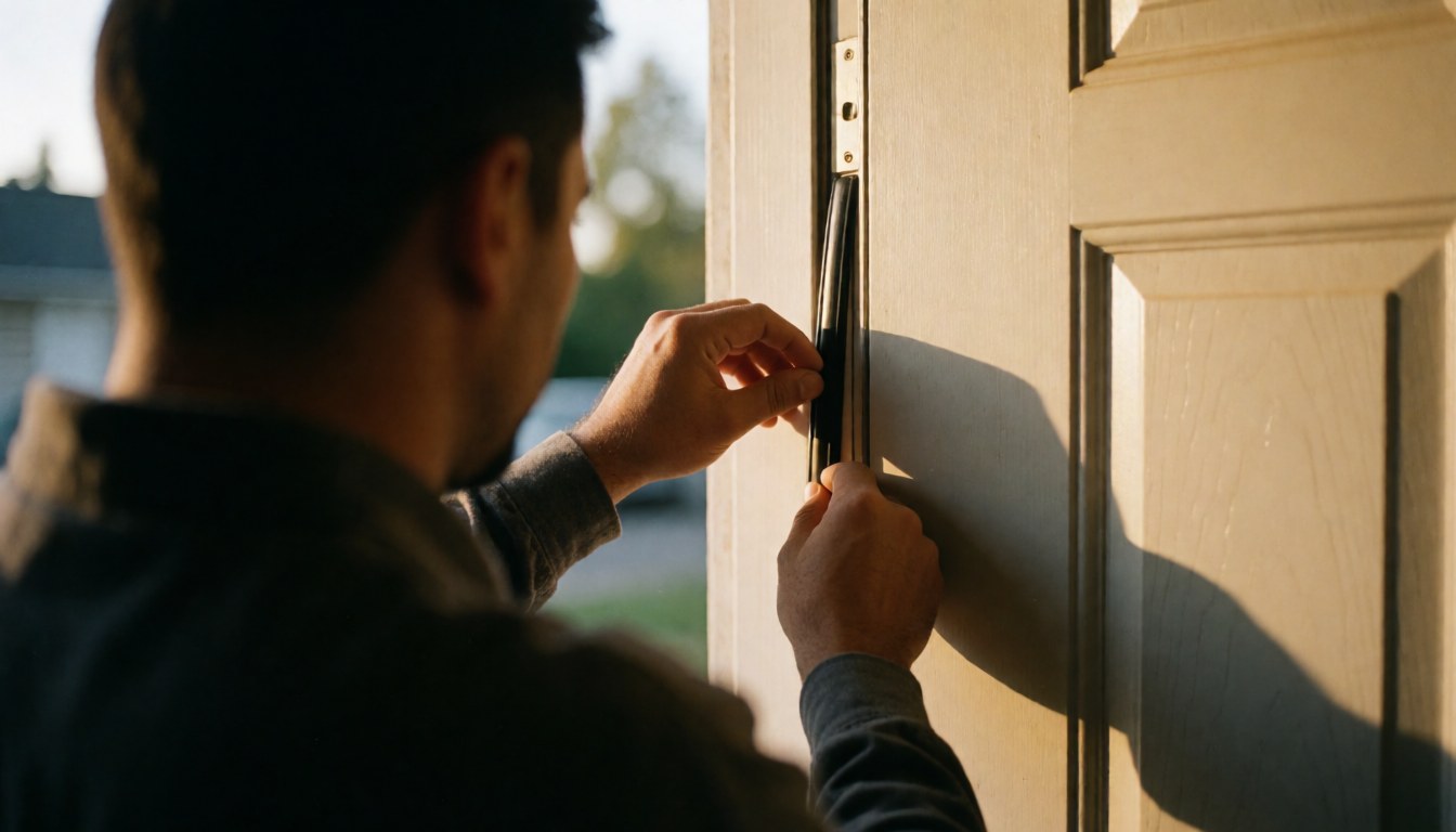 Mains d'un professionnel ajustant le joint d'étanchéité d'une porte extérieure avec une lumière chaleureuse et un fond flou.