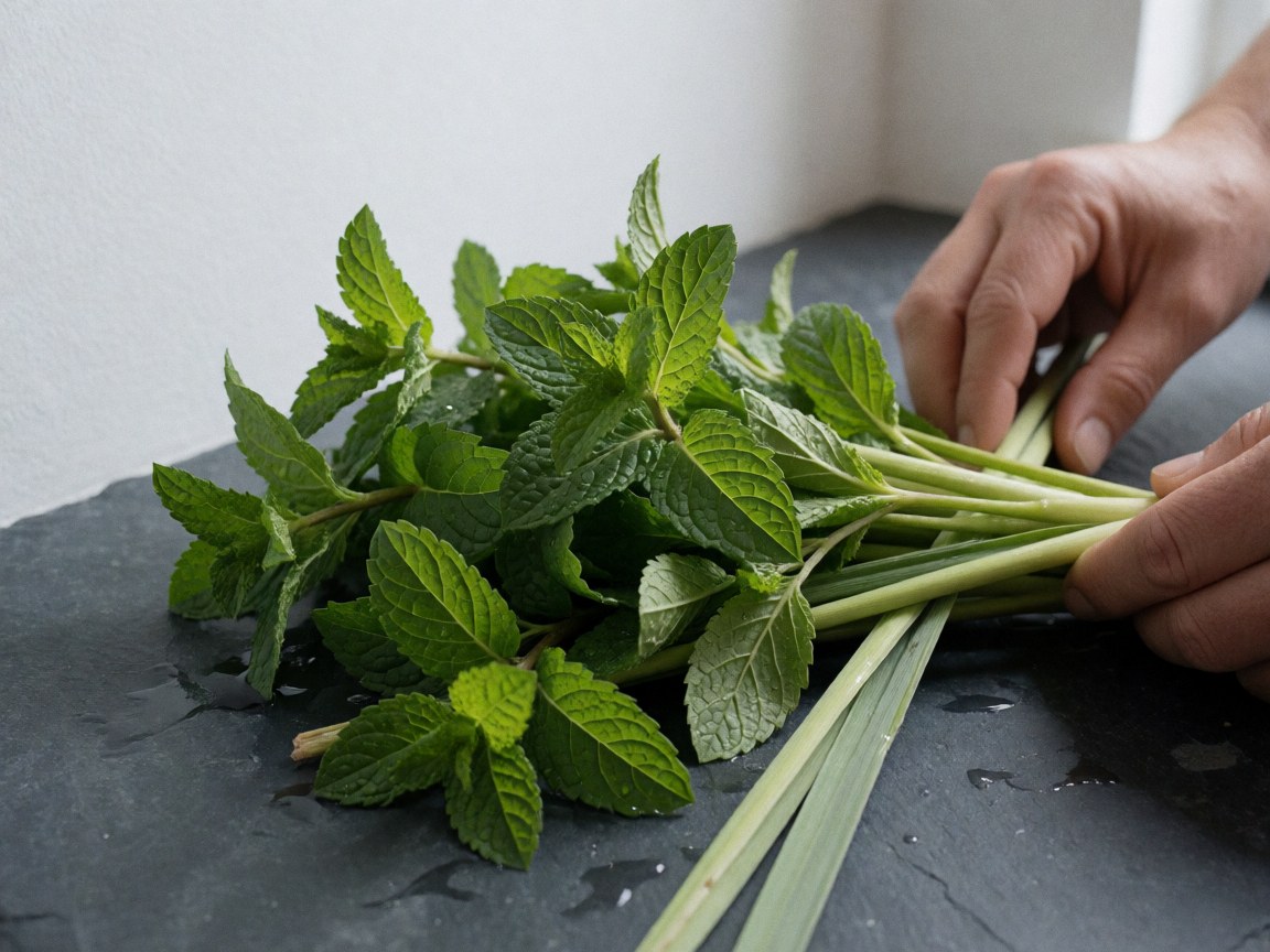 Mains adultes tenant des branches de menthe et de cannelle sur une pierre sombre humide avec des gouttes d'eau et une lumière douce, idéale pour le massage ayurvédique.