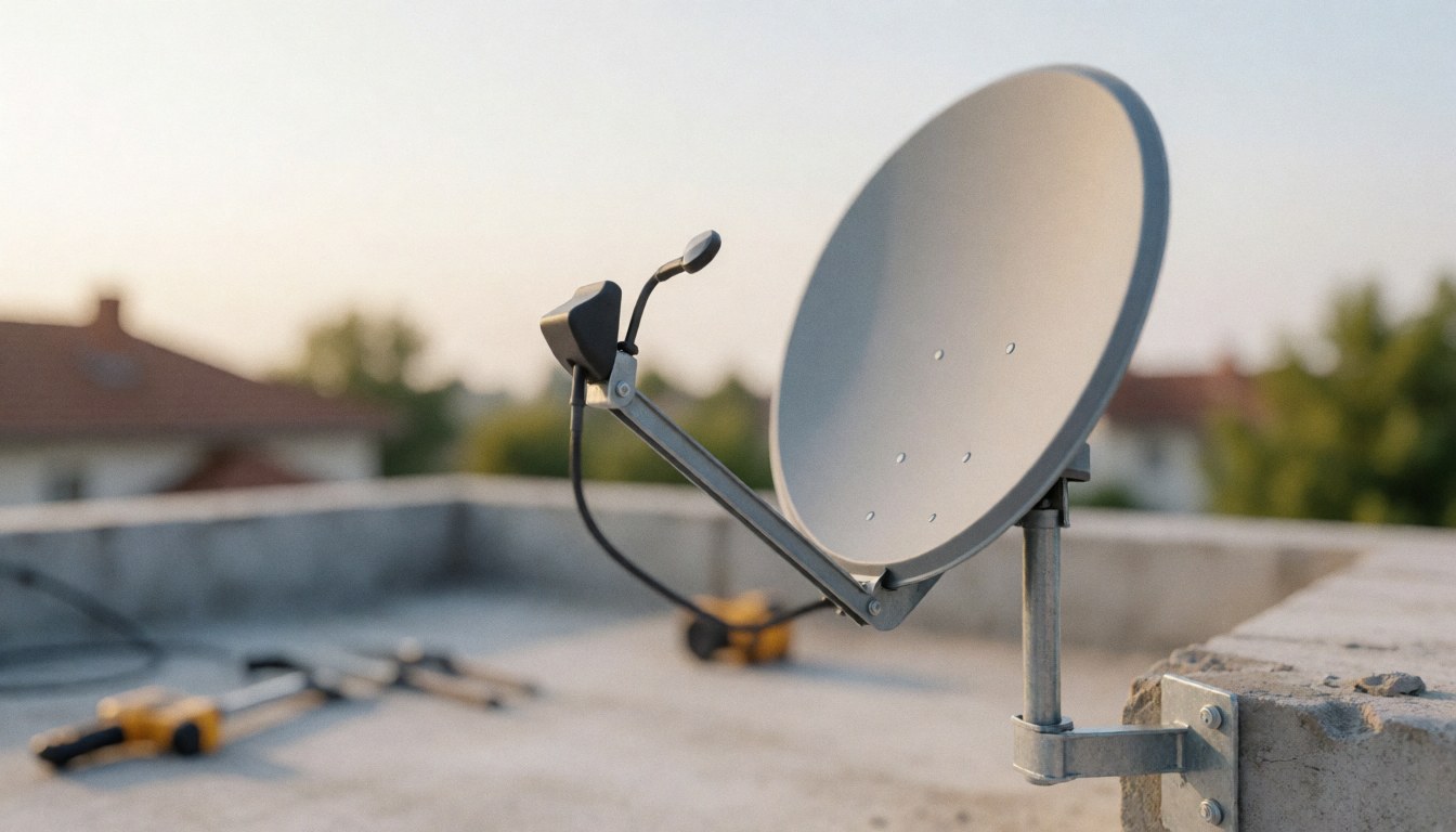 Antenne satellite montée sur un toit résidentiel entourée d'outils de pose dispersés, fond flou de maisons et arbres sous lumière douce de coucher de soleil.