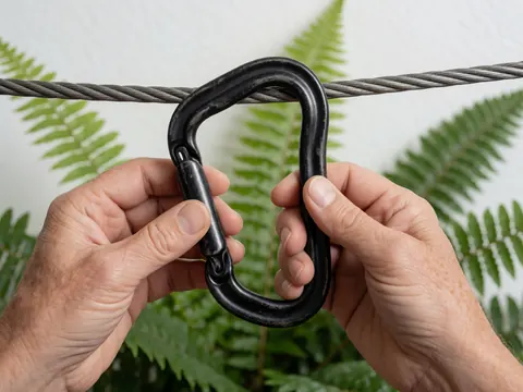 Un mousqueton noir attaché à un câble en acier, tenu par des mains, avec des feuilles vertes en arrière-plan dans un parc d'aventure.