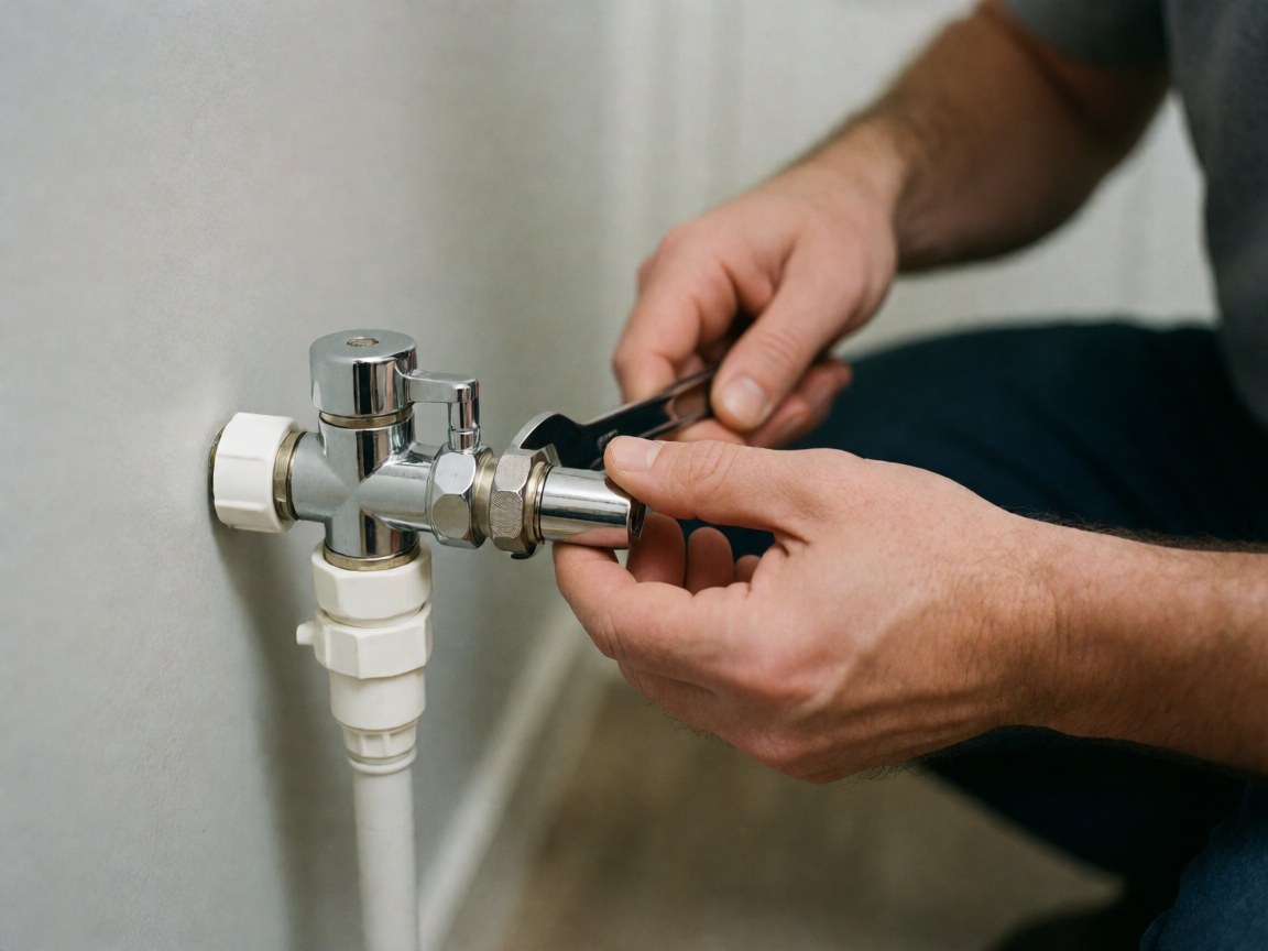 Mains d'un technicien utilisant une clé pour serrer un raccord métallique sur une vanne blanche de lave-vaisselle, sur fond gris clair.