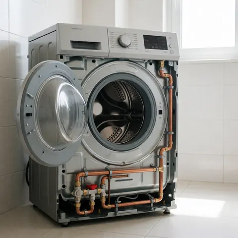Machine à laver frontale avec panneau ouvert montrant tuyaux de cuivre et connexions d'eau dans une pièce carrelée blanche éclairée par lumière naturelle.
