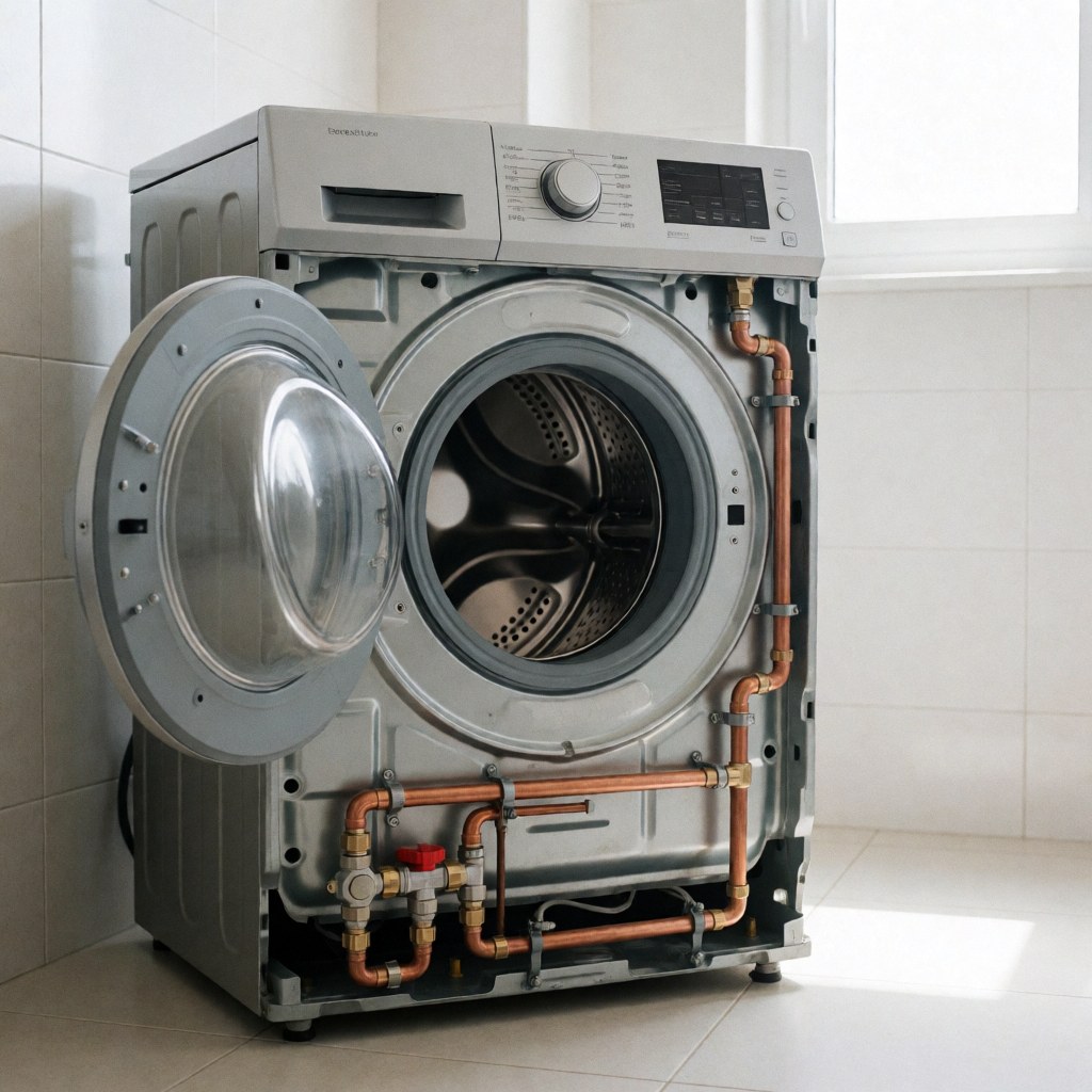 Machine à laver frontale avec panneau ouvert montrant tuyaux de cuivre et connexions d'eau dans une pièce carrelée blanche éclairée par lumière naturelle.