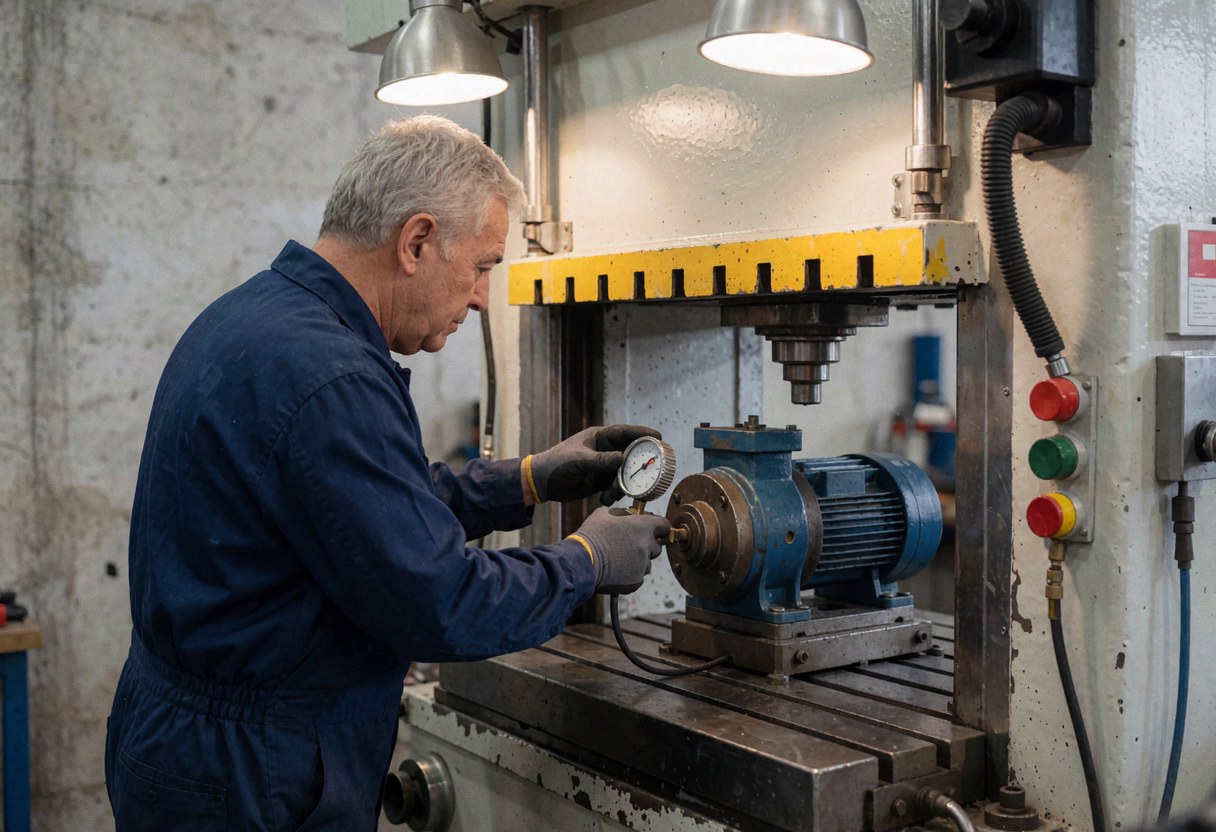 Un technicien en uniforme bleu règle un manomètre sur une pompe hydraulique dans un atelier industriel avec des murs en béton et des outils visibles.