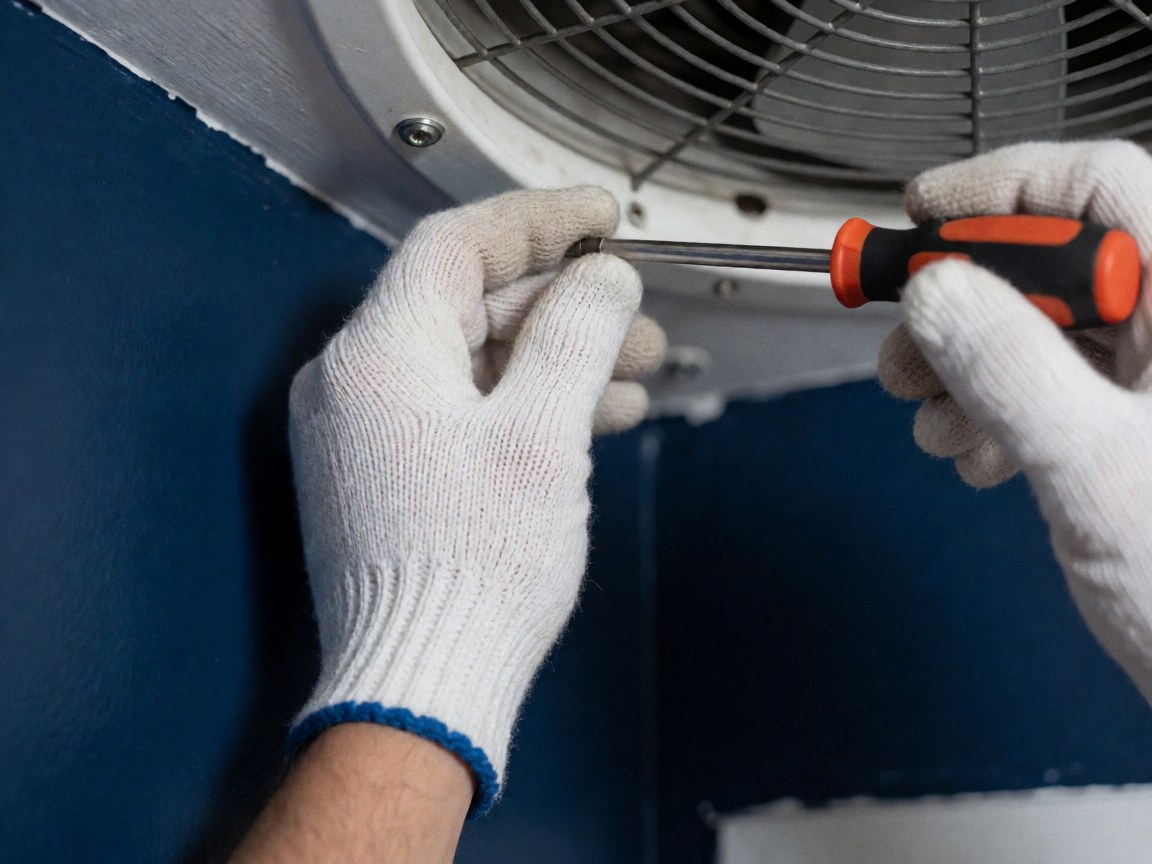 Technicien en gants blancs utilisant une pince pour ajuster une vis sur un ventilateur de cuisine, sur fond bleu foncé. Vue détaillée d'une intervention de maintenance professionnelle.