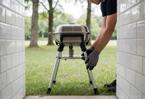 Un professionnel ajuste les pieds d'un barbecue en acier inoxydable dans un jardin avec pelouse, portant des gants, devant des murs de carreaux blancs et des arbres flous en arrière-plan.