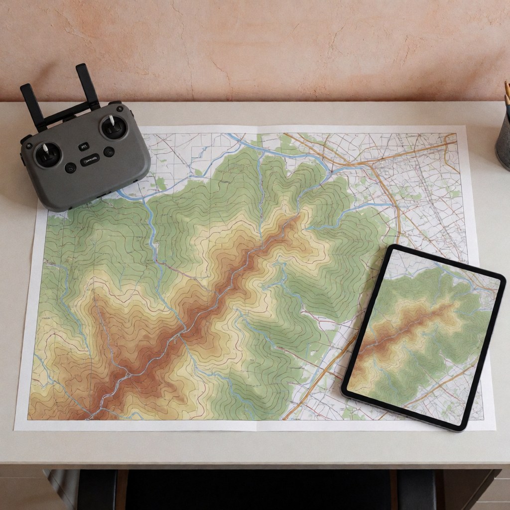 Une carte topographique détaillée avec des courbes de niveau et des dégradés de couleur, accompagnée d'un contrôleur de drone et d'une tablette affichant la même image sur un bureau en bois.