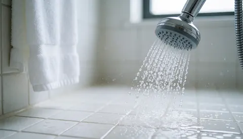Eau s'écoulant d'une douche métallique sur un sol de carreaux blancs, avec une serviette blanche suspendue au mur et une lumière vive soulignant la propreté.