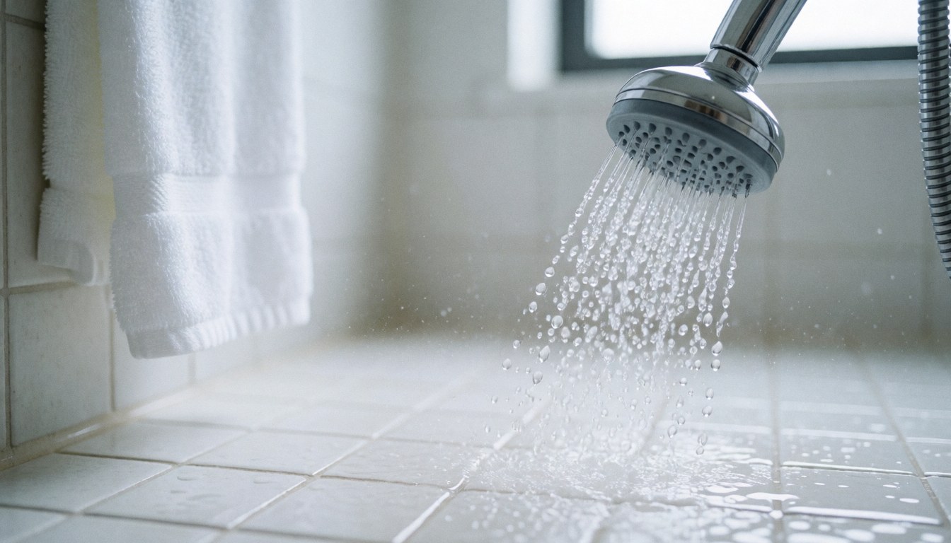 Eau s'écoulant d'une douche métallique sur un sol de carreaux blancs, avec une serviette blanche suspendue au mur et une lumière vive soulignant la propreté.