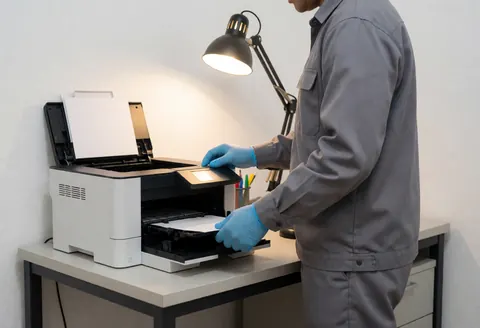 Un technicien en uniforme gris et gants bleus répare une imprimante de bureau sous l'éclairage d'un bureau, avec les outils et l'intérieur de la machine visibles sur la table.