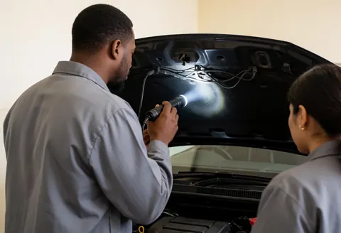 Un mécanicien professionnel examine le compartiment moteur d'une voiture à l'aide d'une lampe de poche dans un atelier.