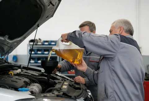 Deux mécaniciens en atelier versent de l'huile neuve dans le moteur d'une voiture surélevée, avec des outils et pièces organisés en arrière-plan.