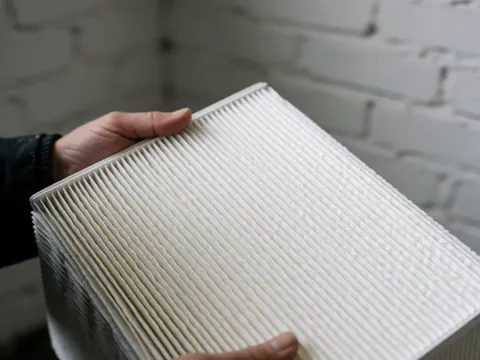 Un filtre à air automobile blanc avec des plis est tenu par des mains devant un mur de briques blanches flou en arrière-plan.