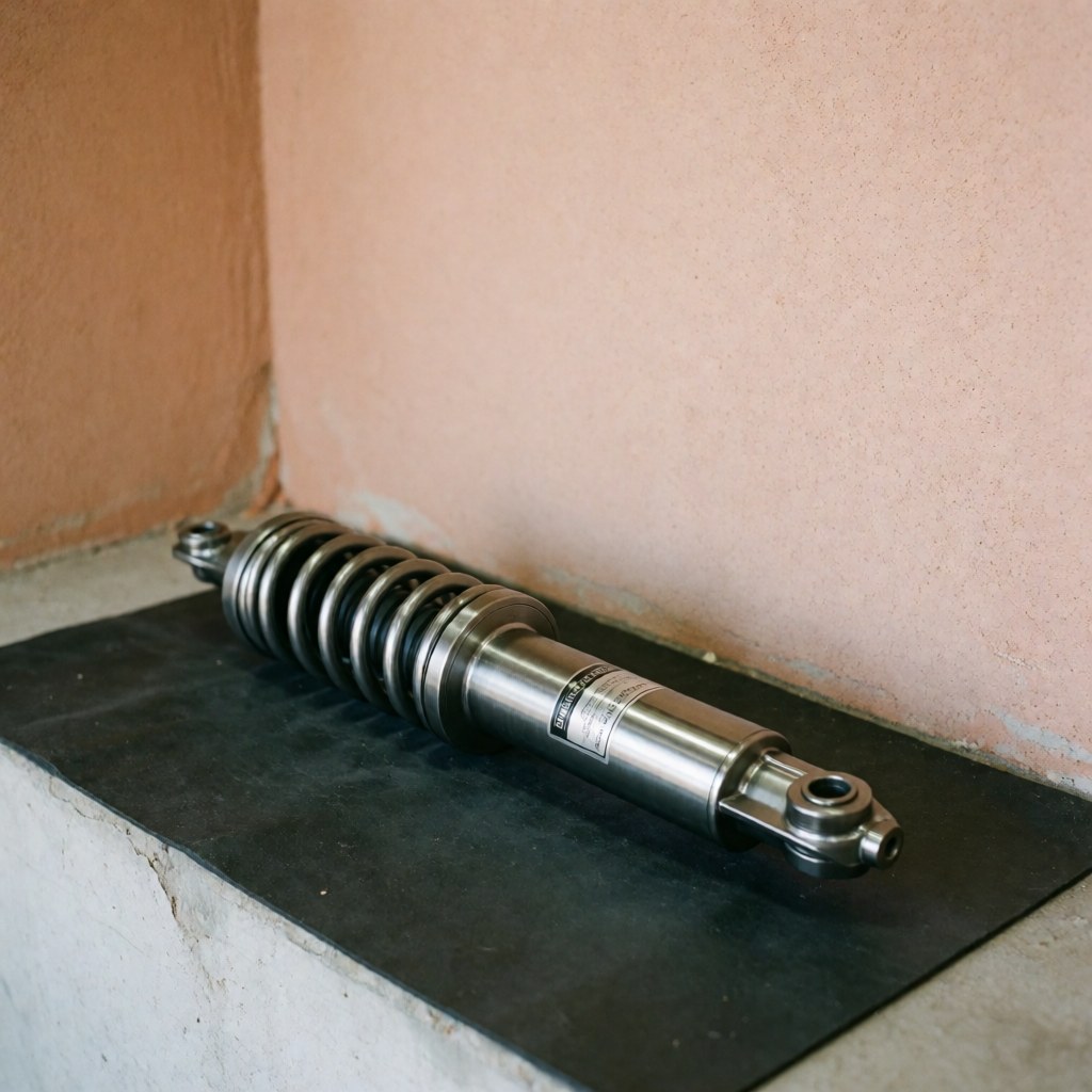 Amortisseur de suspension métallique neuf avec ressort visible posé sur un tapis noir dans un atelier aux murs en terre cuite.