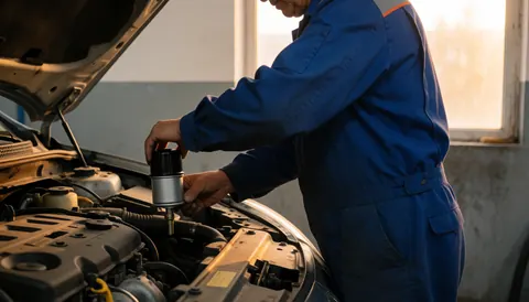 Un mécanicien en uniforme bleu pose un nouveau filtre à huile sur un moteur automobile dans un atelier éclairé par une lumière chaude.