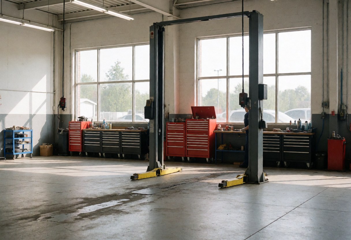 Intérieur d'un garage automobile équipé d'un élévateur hydraulique, de caisses à outils rouges et noires, de grandes fenêtres et d'un sol en béton taché d'huile.