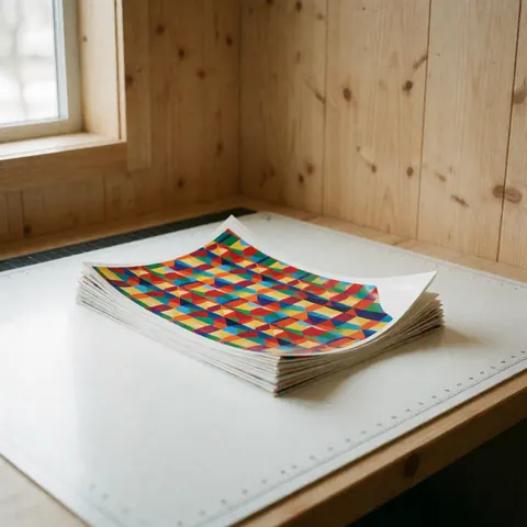 Une pile d'autocollants aux motifs géométriques colorés posée sur une table de coupe blanche, dans un intérieur baigné de lumière naturelle.
