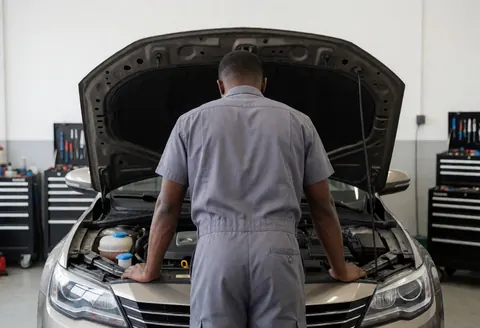 Mécanicien automobile effectuant une révision du moteur d'un véhicule dans un atelier organisé avec des outils et des murs blancs