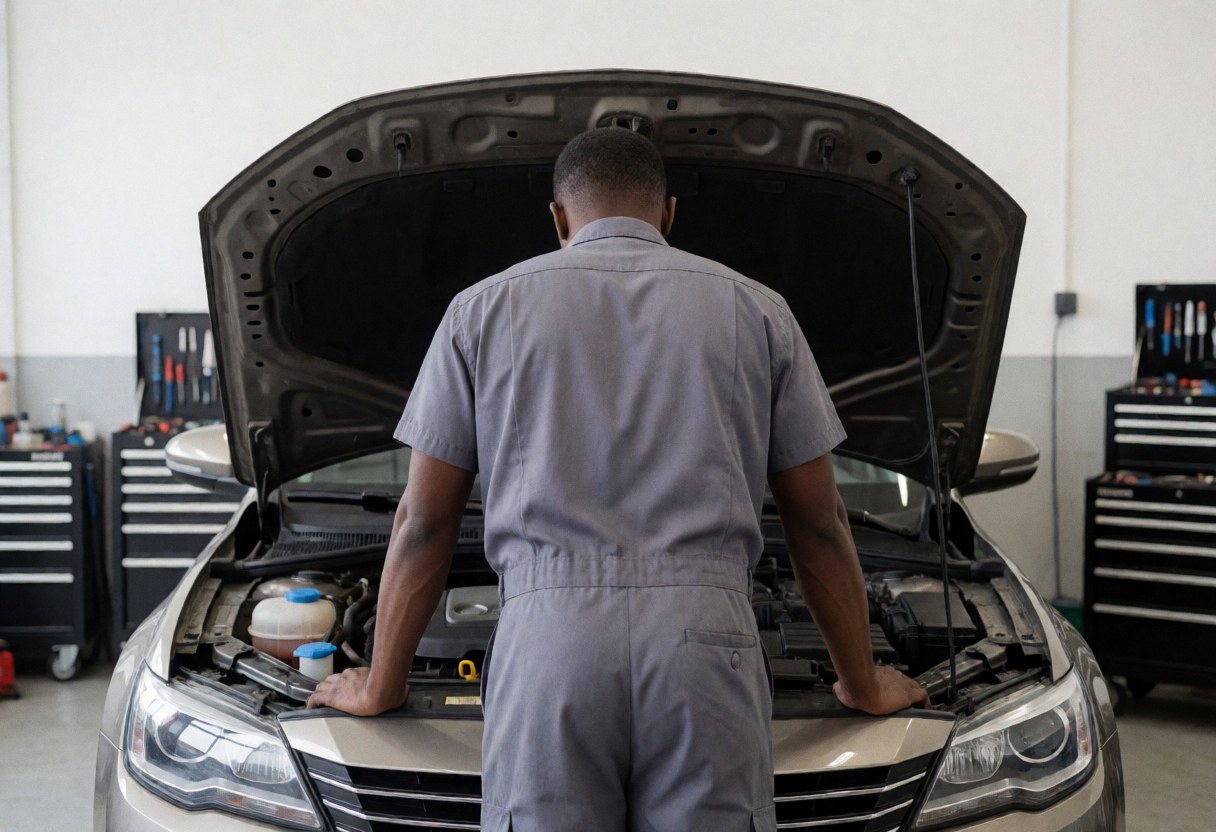 Mécanicien automobile effectuant une révision du moteur d'un véhicule dans un atelier organisé avec des outils et des murs blancs