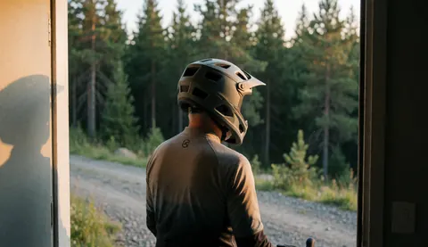 Un cycliste en tenue de sport et casque se tient à l'entrée d'une maison, face à un sentier forestier baigné par la lumière dorée du coucher de soleil.