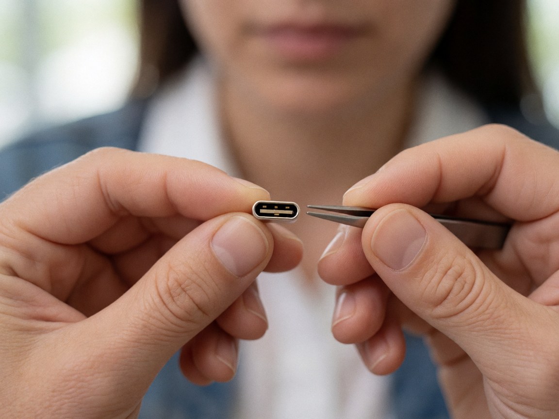 Technicien réparant un port USB-C avec des pinces, détails métalliques brillants, fond flou, travail précis de réparation de téléphone.