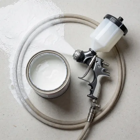 Pistolet à spray avec tuyau et bidon de membrane blanche posés sur une surface en béton. Outils professionnels d'étanchéité sous un éclairage vif et propre.