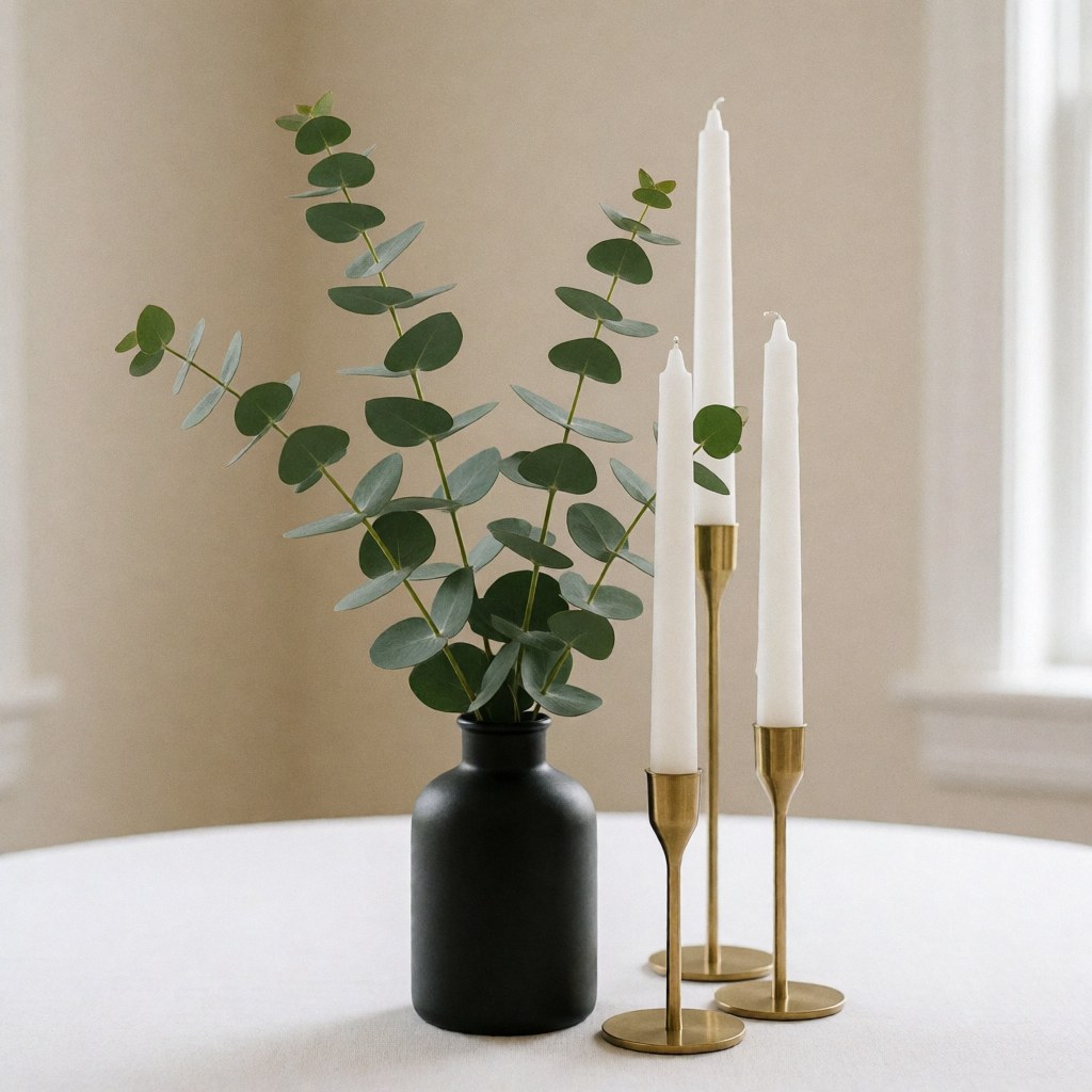 Centre de table élégant composé d'eucalyptus dans un vase noir et trois bougies blanches sur des supports en bronze, posé sur une nappe blanche sous une lumière naturelle douce.