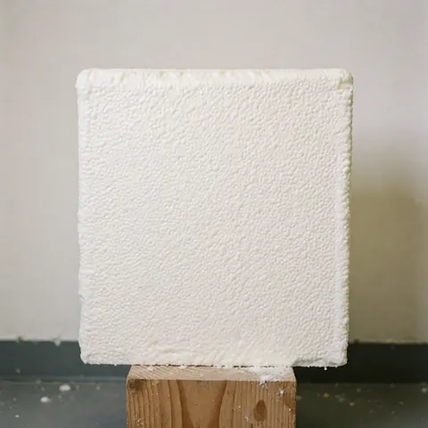 Bloc de bois avec échantillon d'isolation thermique blanche à cellules fermées, fond gris neutre et éclairage uniforme pour usage commercial.