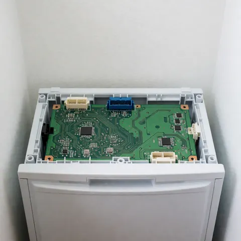 Vue de dessus d'une carte mère verte pour réfrigérateur exposant ses connecteurs, posée sur une table de travail blanche, utile pour la réparation technique.