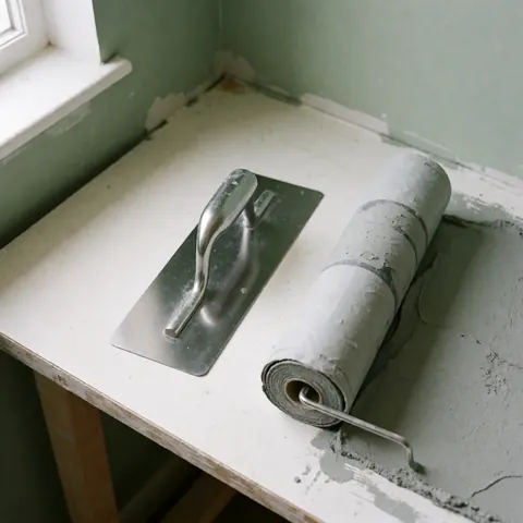 Ciseaux de nivellement et rouleau à mortier gris posés sur une table blanche tachée de poussière, avec des murs verts et une lumière naturelle entrant par une fenêtre.