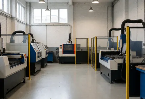Atelier industriel de découpe du métal équipé de machines plasma et laser, barrières de sécurité, murs en briques blanches, éclairage naturel et artificiel, sol en béton, environnement propre et professionnel.