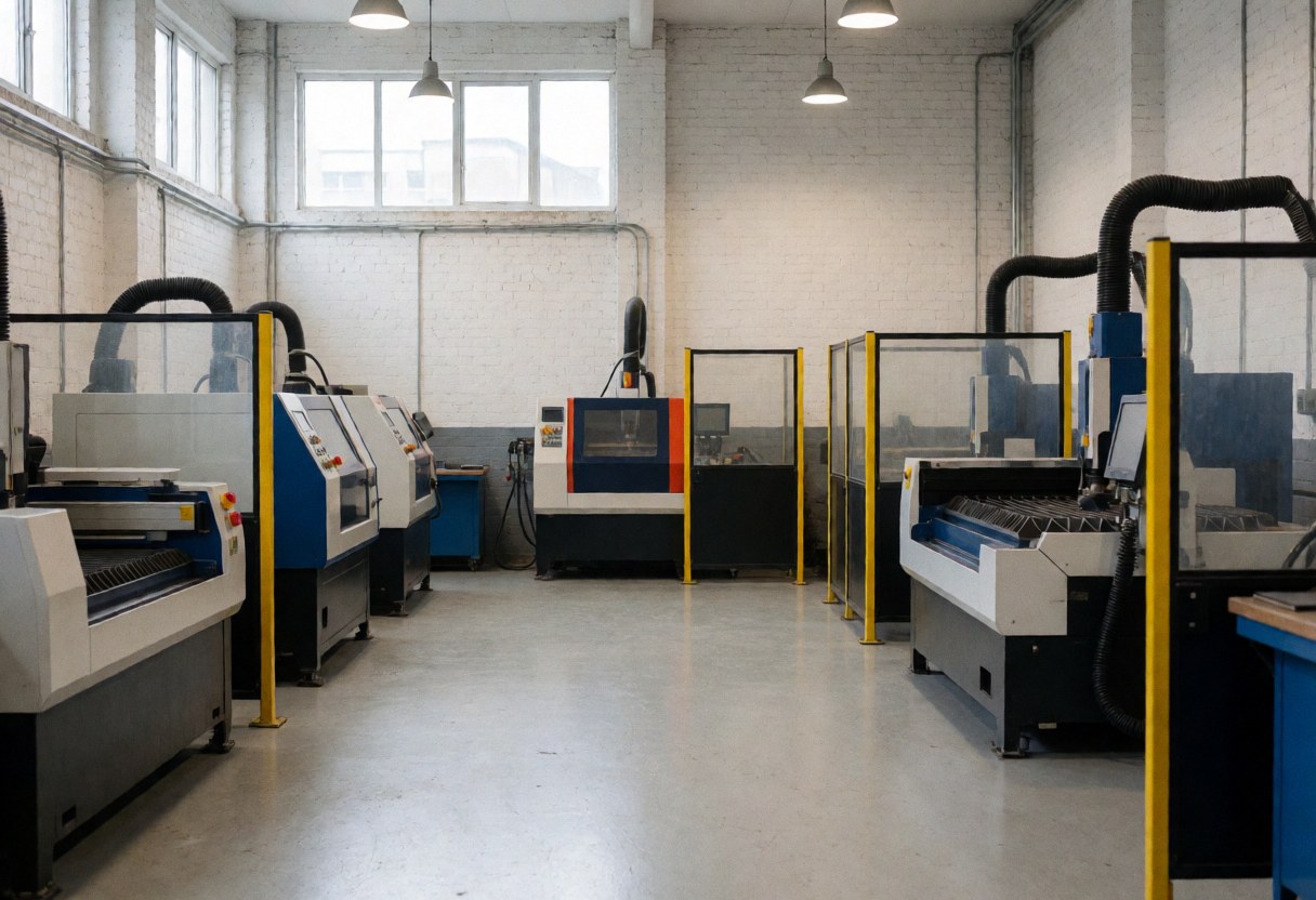 Atelier industriel de découpe du métal équipé de machines plasma et laser, barrières de sécurité, murs en briques blanches, éclairage naturel et artificiel, sol en béton, environnement propre et professionnel.