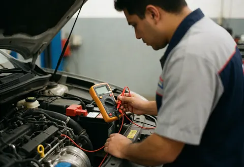 Technicien révisant une batterie automobile à l'aide d'un multimètre, outils visibles, moteur apparent dans un atelier mécanique éclairé de manière pratique.