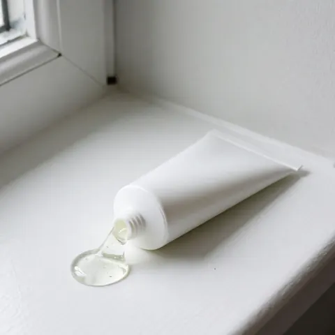 Tube blanc de gel transparent posé sur une fenêtre blanche avec lumière naturelle douce et murs gris clair pour produits de soin.