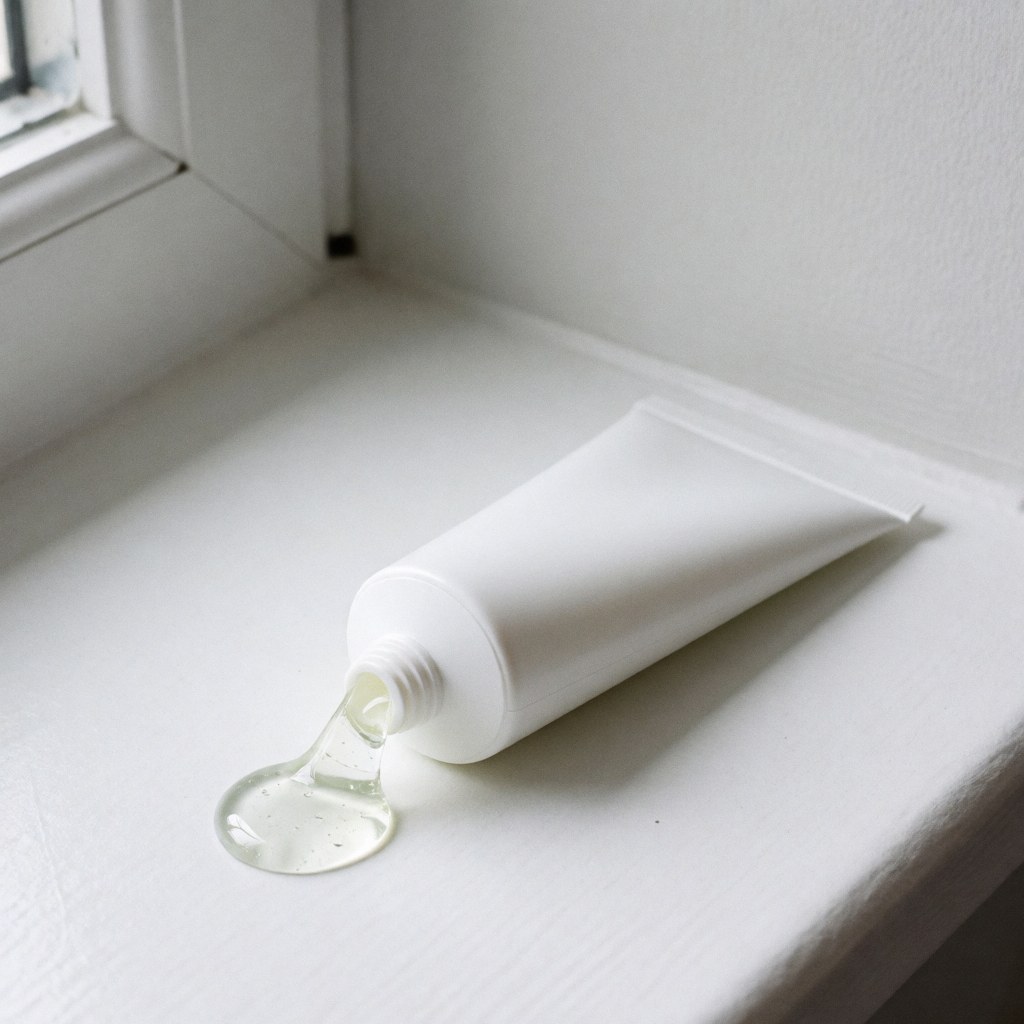 Tube blanc de gel transparent posé sur une fenêtre blanche avec lumière naturelle douce et murs gris clair pour produits de soin.