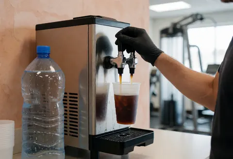 Une main portant un gant noir actionne un robinet en acier inoxydable pour remplir un verre de plastique de cola. Une bouteille d'eau et un cooler avec condensation sont visibles. Fond de salle de sport flou.