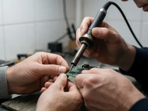 Prise de vue rapprochée d'une main utilisant un fer à souder pour réparer un circuit imprimé, avec des détails techniques visibles sur la carte.
