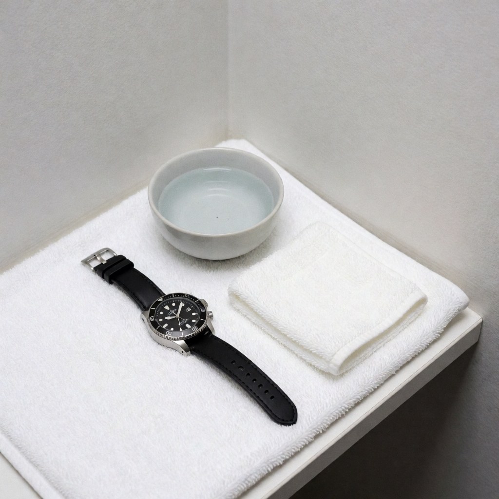 Montre-bracelet à bracelet noir sec posée sur une serviette blanche, accompagnée d'une tasse d'eau et d'un chiffon, dans un coin aux murs gris clair, avec un éclairage lumineux et propre.