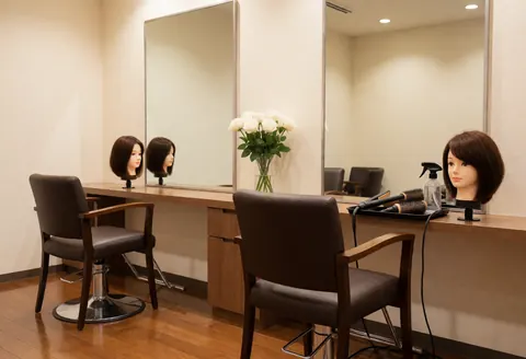 Intérieur moderne d'un salon de coiffure vide, équipé de grands miroirs, de deux chaises et de mannequins portant des perruques. Un bouquet de roses blanches et des outils sont posés sur le comptoir en bois.
