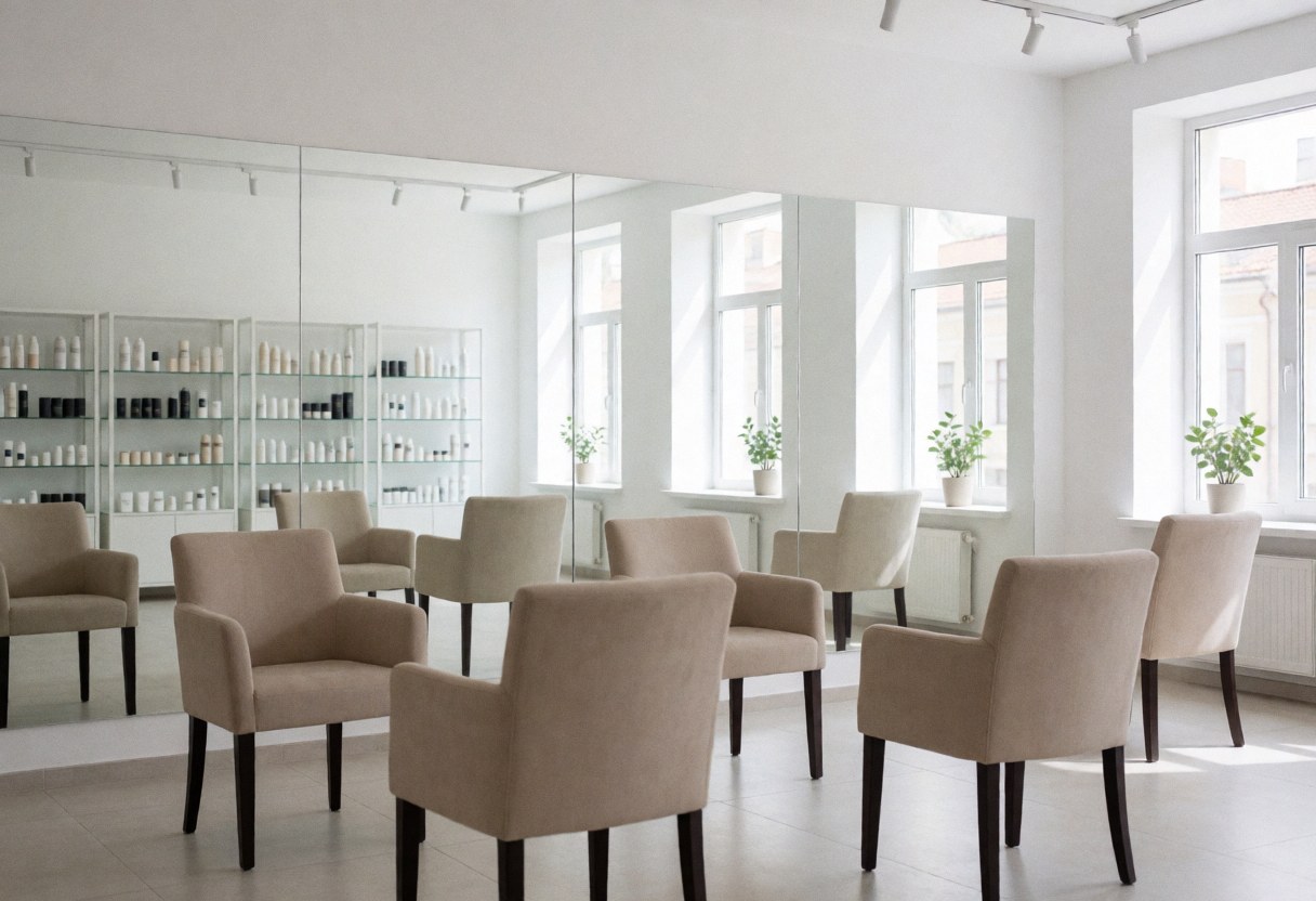 Espace professionnel dédié au maquillage équipé de fauteuils beiges, grands miroirs, étagères remplies de produits et éclairage naturel par les fenêtres.