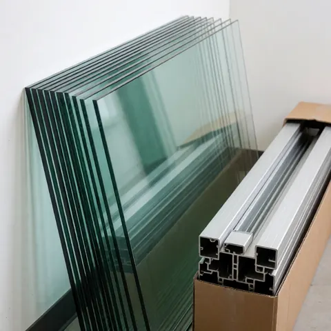 Empilements de vitres transparentes et cadres en aluminium dans une caisse sur fond blanc neutre avec éclairage professionnel.