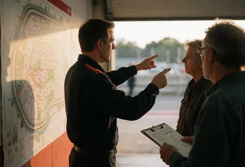 Un instructeur pointe un plan de circuit tandis que deux clients écoutent attentivement dans un garage éclairé par la lumière du coucher de soleil.