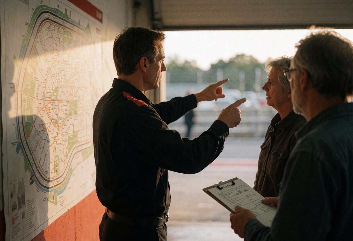 Un instructeur pointe un plan de circuit tandis que deux clients écoutent attentivement dans un garage éclairé par la lumière du coucher de soleil.