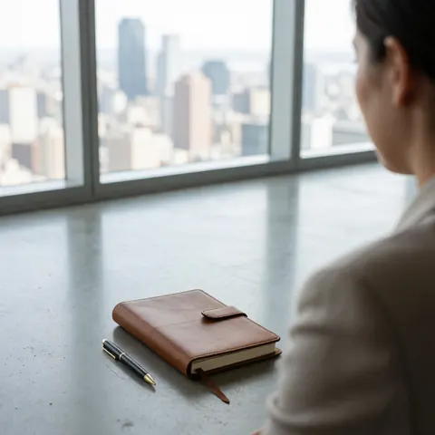 Un cahier en cuir brun et un stylo posés sur un sol en béton poli avec vue sur la ville par de grandes fenêtres.