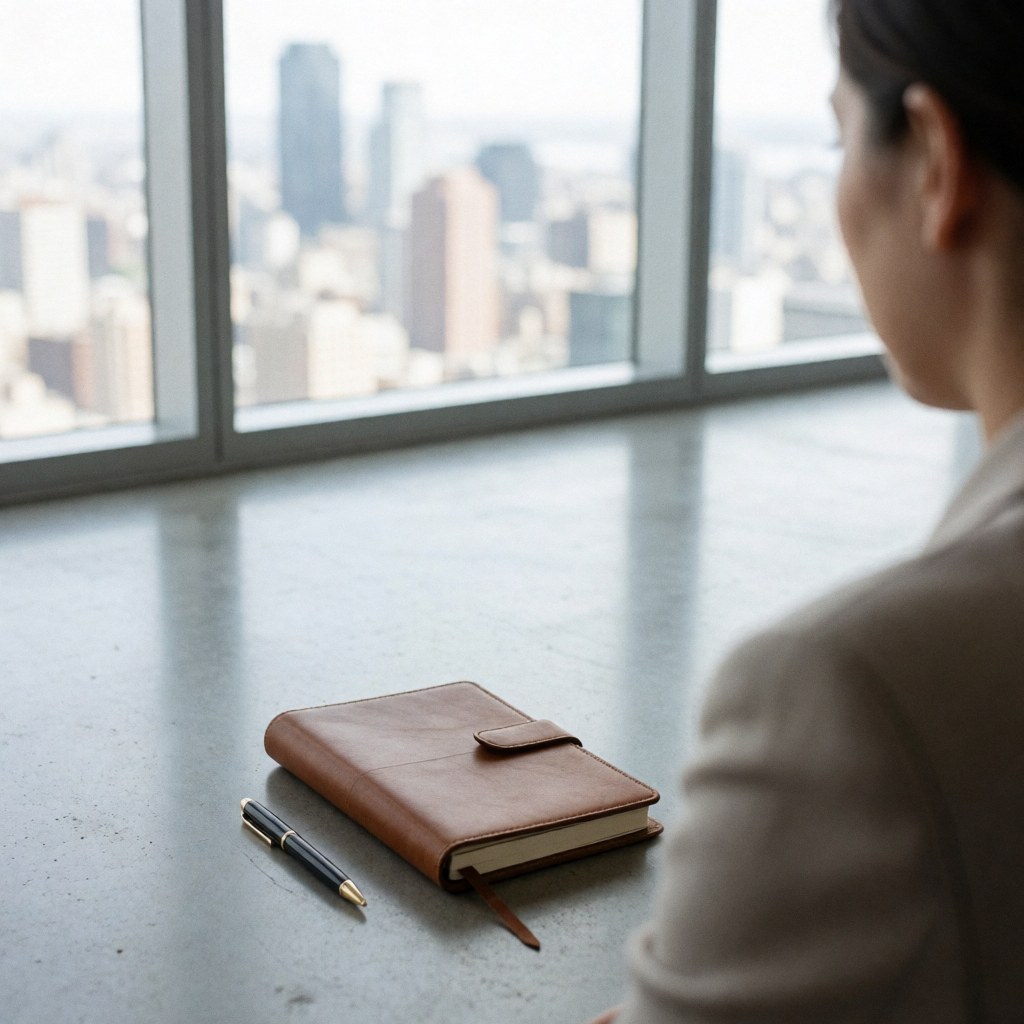 Un cahier en cuir brun et un stylo posés sur un sol en béton poli avec vue sur la ville par de grandes fenêtres.